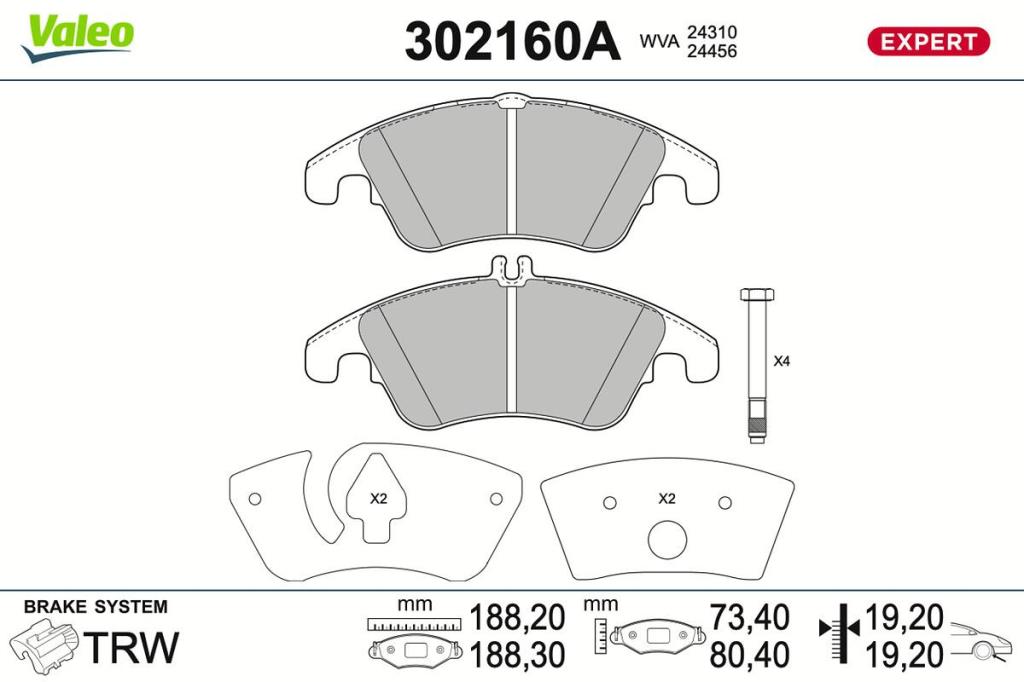 Jeu de 4 plaquettes de frein VALEO ref. 302160A